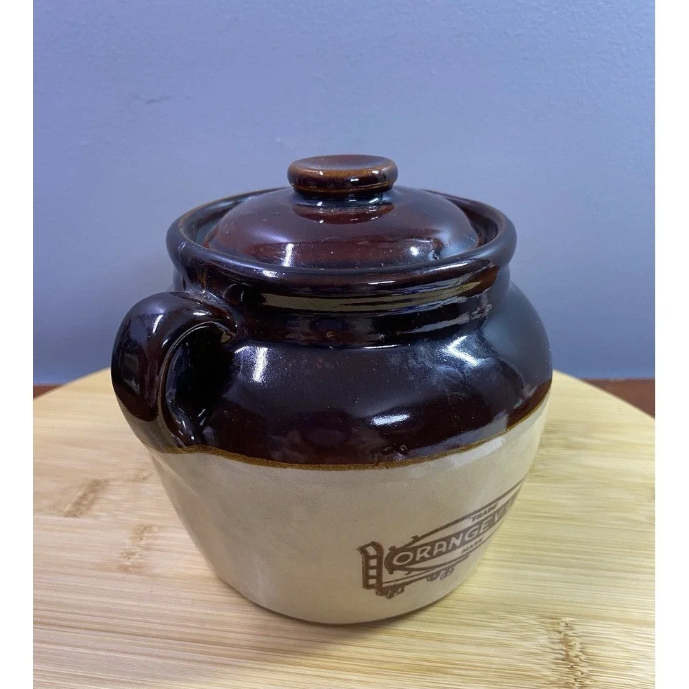 Orangeville Brown & Cream Crock with lid Made‎ in the USA 4.5